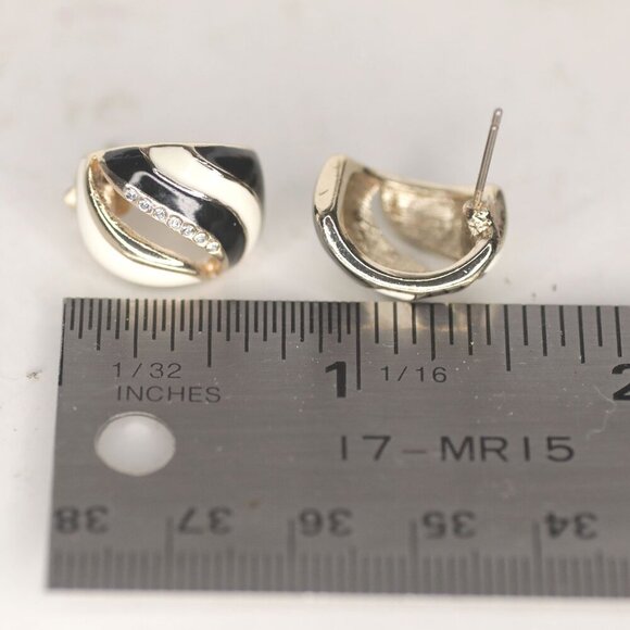 Vintage Enamelled Metal Hugger Earrings Cream Black Gold Rhinestones Gems - Picture 3 of 7